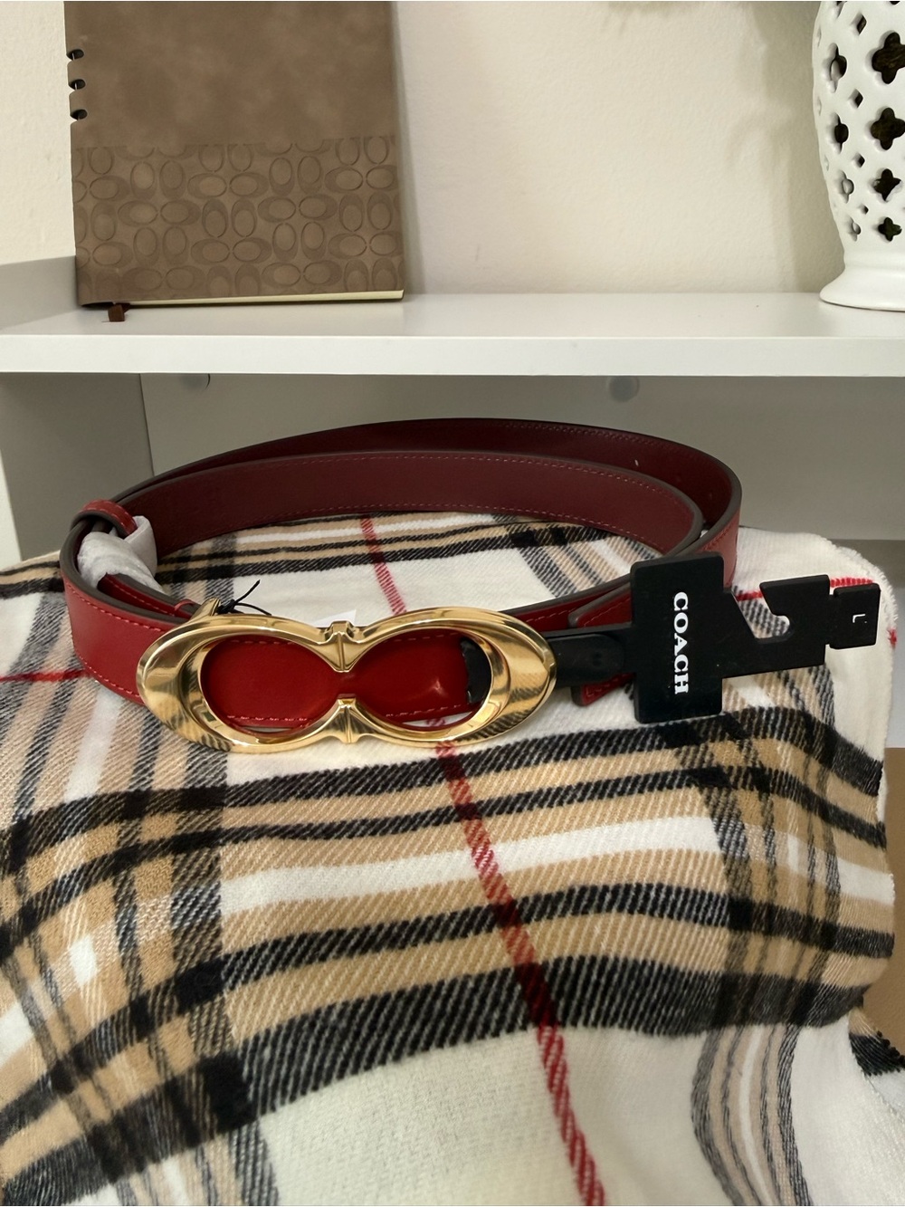Coach Red Leather Belt with Gold Double-Oval Buckle